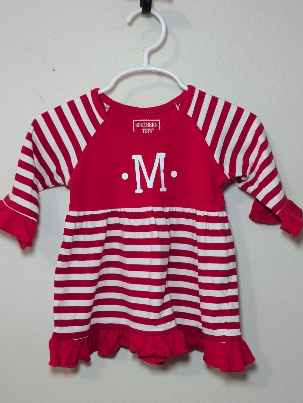 Southern Tots 'M' Tunic Top Red + White Striped Ruffle Hem Cotton Girls Size 18M
